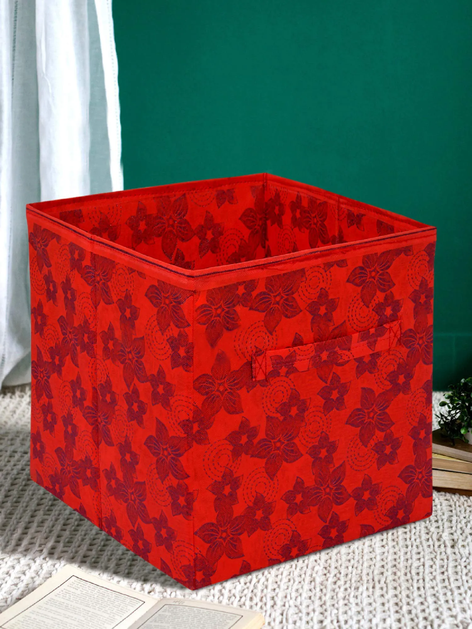 Kuber Industries Metallic Flower Printed Non-Woven Foldable Storage Bin/Cube/Organizer For Toys, Clothes And Books With Handles- Pack of 6 (Red) -HS43KUBMART26268