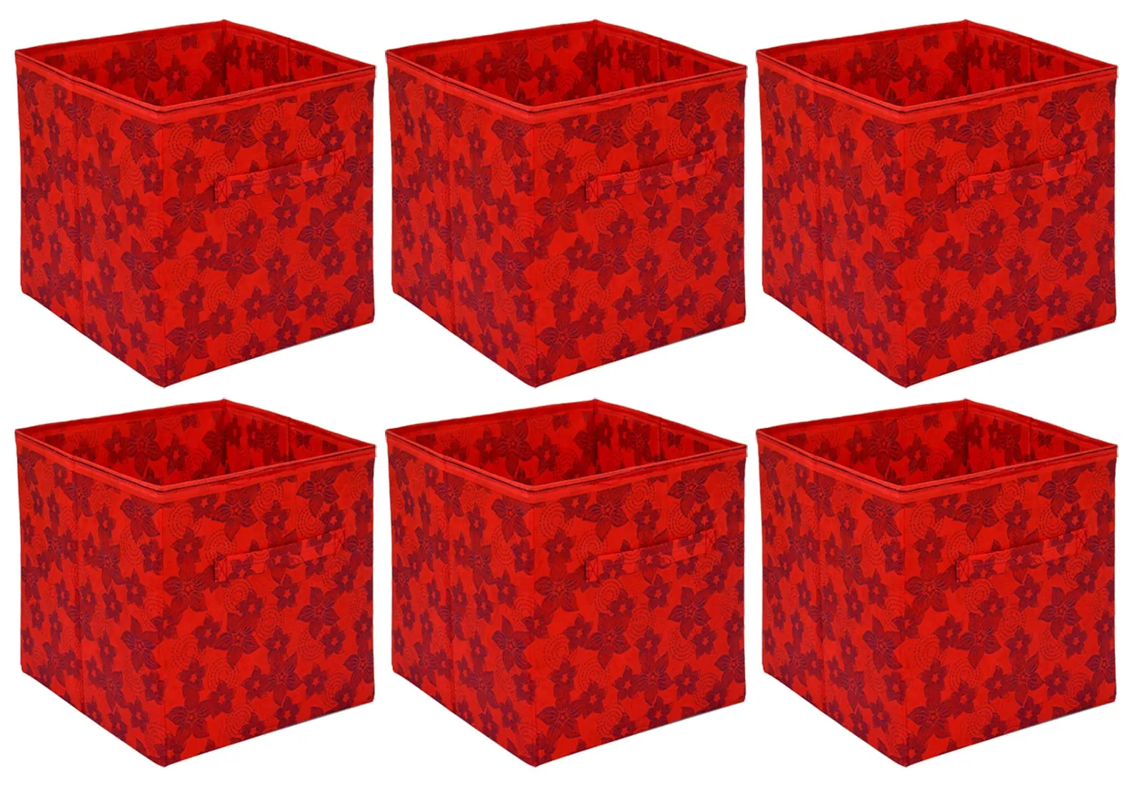 Kuber Industries Metallic Flower Printed Non-Woven Foldable Storage Bin/Cube/Organizer For Toys, Clothes And Books With Handles- Pack of 6 (Red) -HS43KUBMART26268