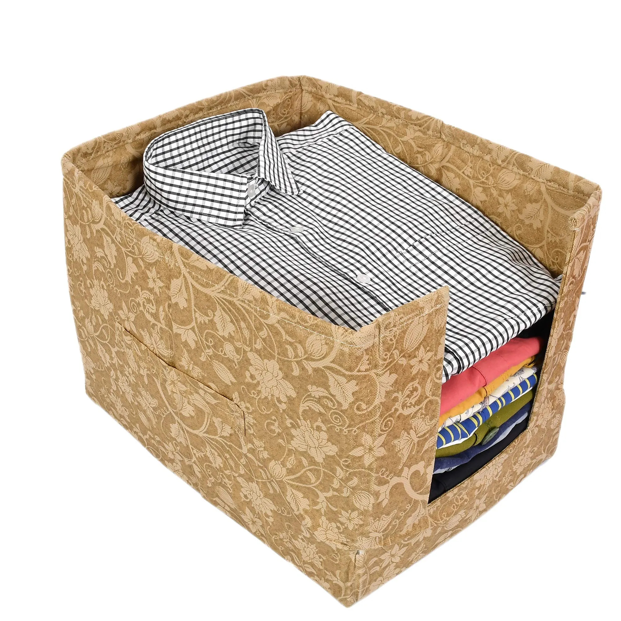 Kuber Industries Metallic Print 6 Pieces Non Woven Shirt Stacker/Shirt Organizer Wardrobe Organizer (Beige)-KUBMART1646