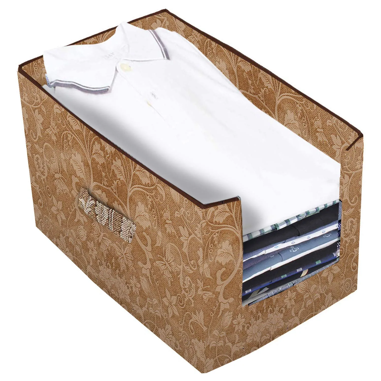 Kuber Industries Metallic Printed 4 Piece Non Woven Shirt Stacker Wardrobe Organizer Set, (Beige) - CTKTC034889
