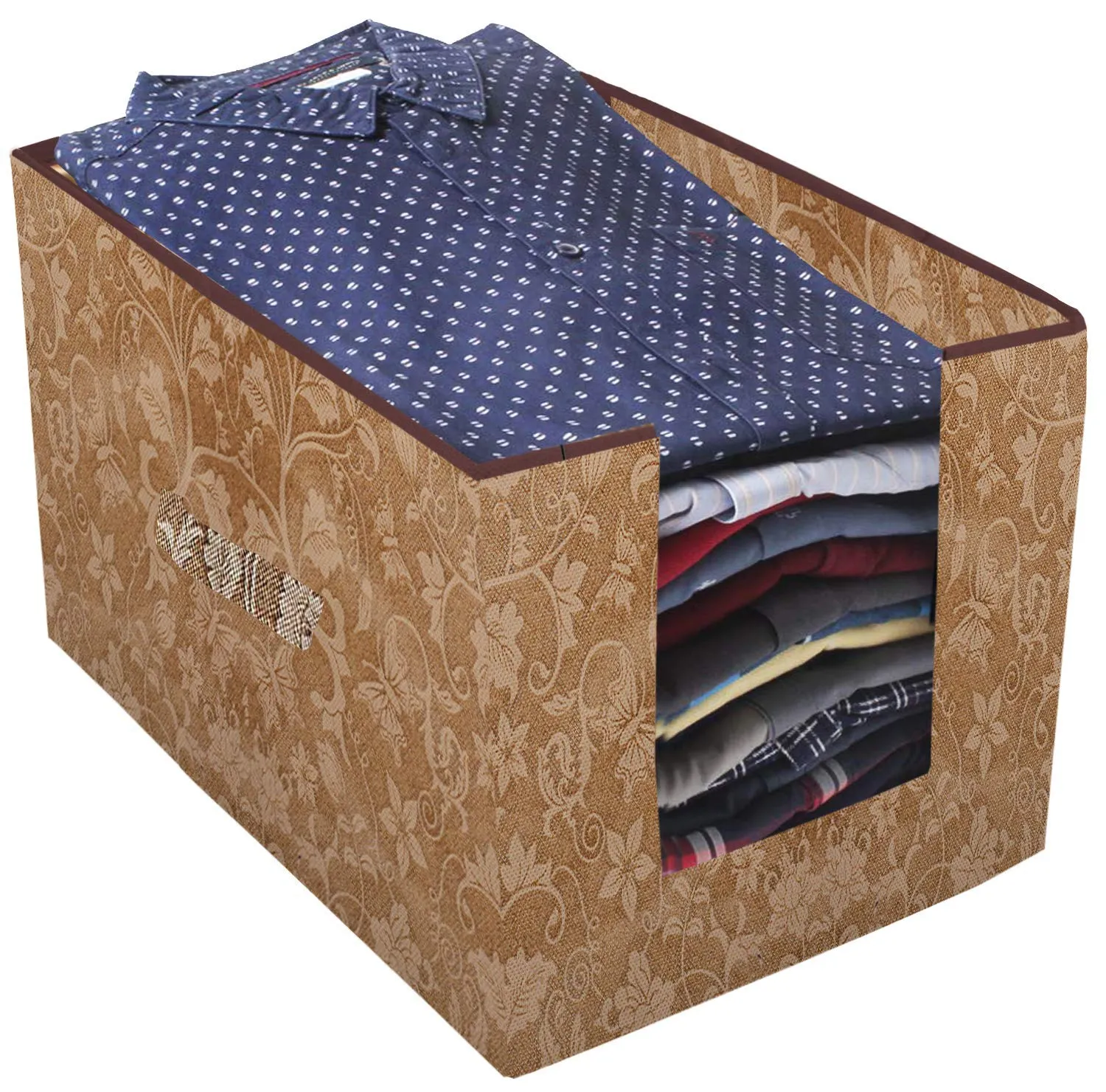 Kuber Industries Metallic Printed 4 Piece Non Woven Shirt Stacker Wardrobe Organizer Set, (Beige) - CTKTC034889