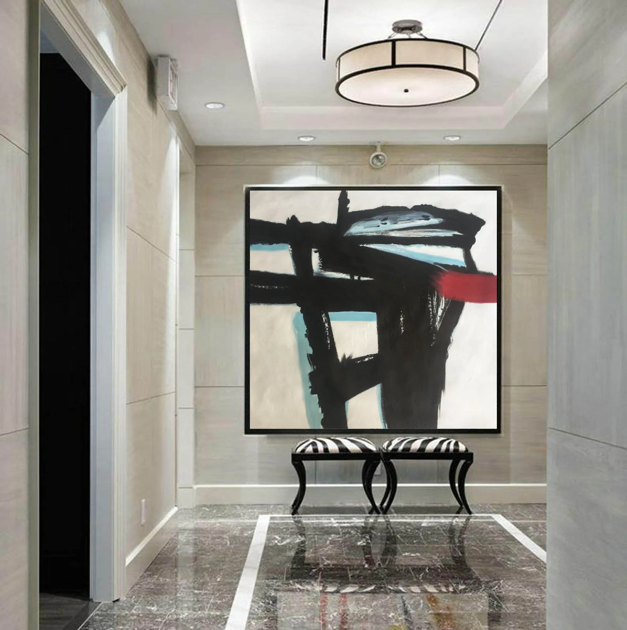 Large Black and White Red Abstract Art on Canvas Modern Wall Art YP014