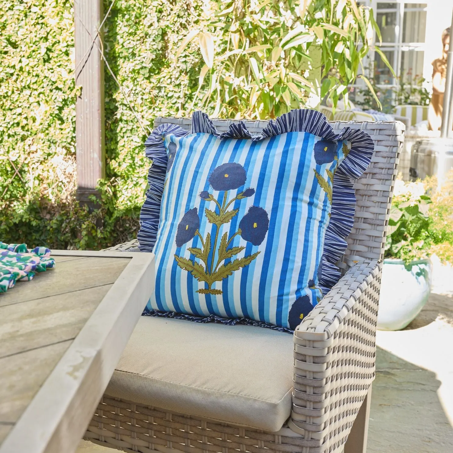 Marigold Stripes Block Print Throw Pillow, Blue