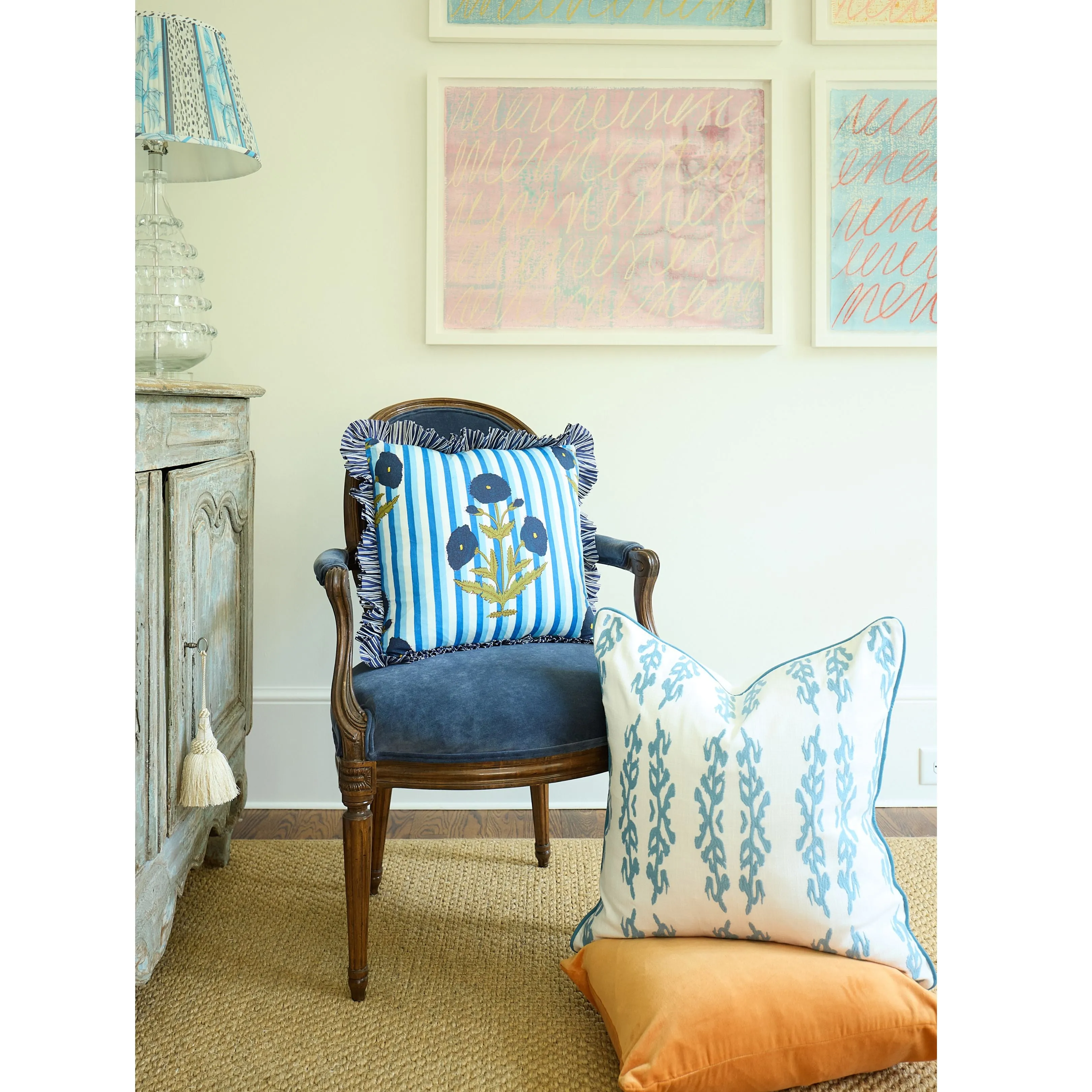 Marigold Stripes Block Print Throw Pillow, Blue