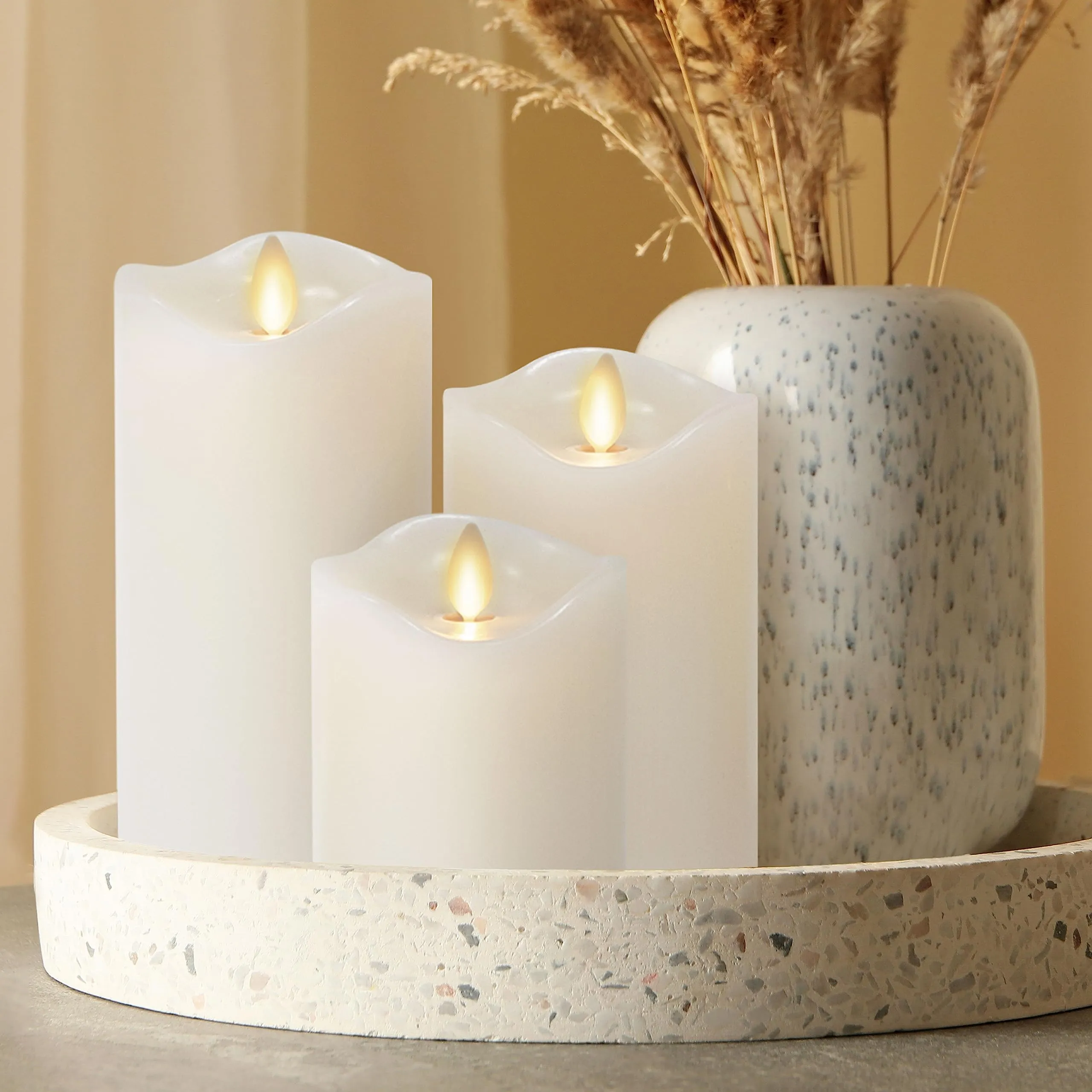 Matchless Candle Co. Set of 3 Realistic Flameless Moving Flame LED Candle Melted Top Edge, LED Battery Operated Real Wax Candle - Pearl Ivory