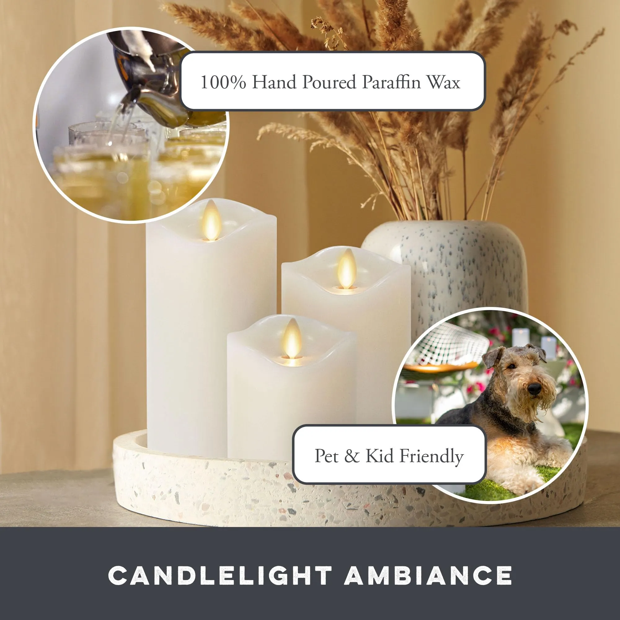 Matchless Candle Co. Set of 3 Realistic Flameless Moving Flame LED Candle Melted Top Edge, LED Battery Operated Real Wax Candle - Pearl Ivory