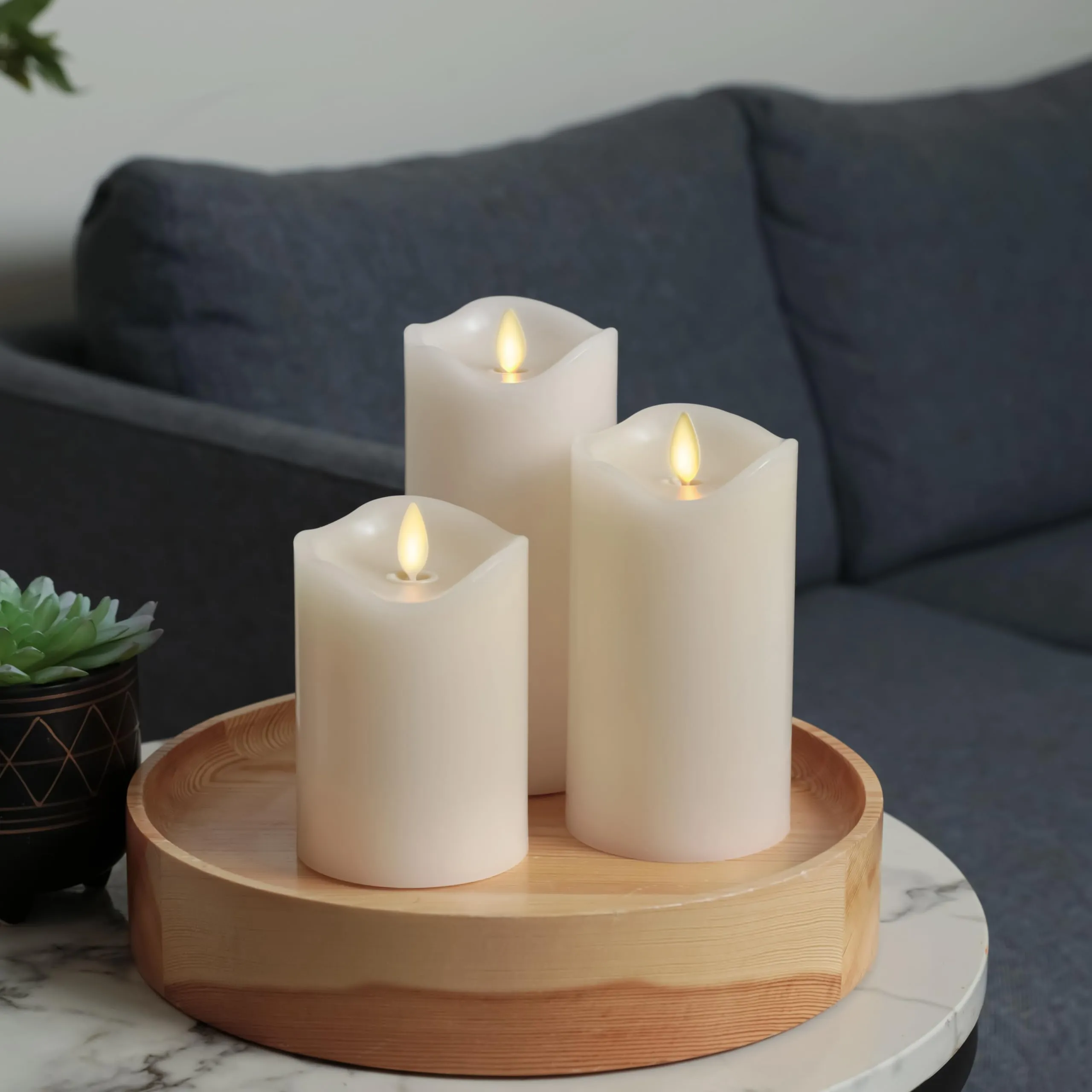 Matchless Candle Co. Set of 3 Realistic Flameless Moving Flame LED Candle Melted Top Edge, LED Battery Operated Real Wax Candle - Pearl Ivory