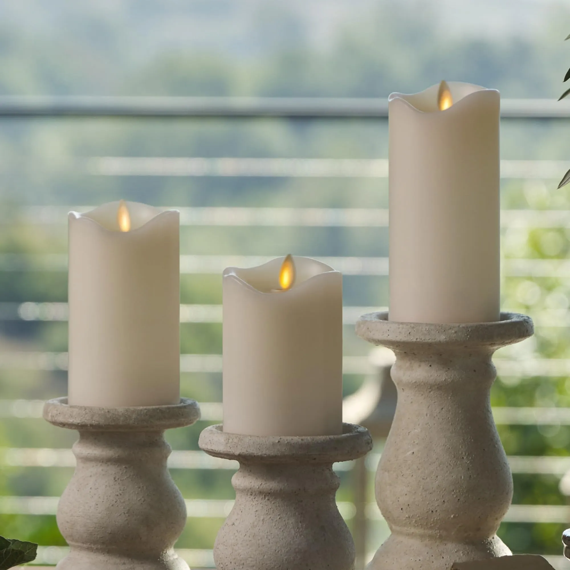 Matchless Candle Co. Set of 3 Realistic Flameless Moving Flame LED Candle Melted Top Edge, LED Battery Operated Real Wax Candle - Pearl Ivory