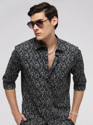 Men Navy Blue Slim Fit Geometric Printed Cotton Casual Shirt