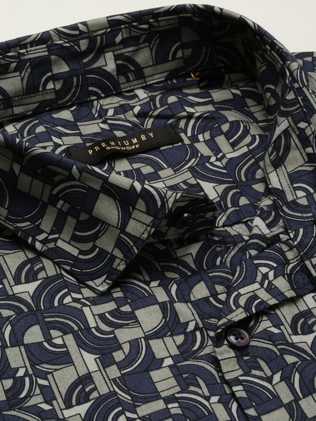 Men Navy Blue Slim Fit Geometric Printed Cotton Casual Shirt
