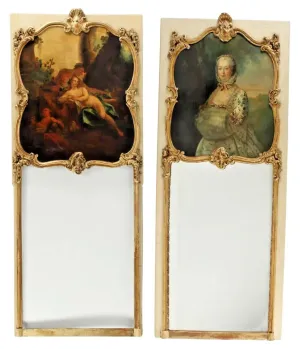 Mirrors, (2) Exceptional French Parcel Gilt & Painted Trumeau, Vintage / Antique