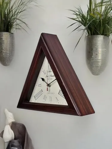 OVERSEAS MART Triangle Wall Clock - 12 Inch Natural Wood Brown Silent Wall and Desk Decor with Roman Numbers - Long-Run Aircraft Glass - Also Used as Table Clock Pack of 1