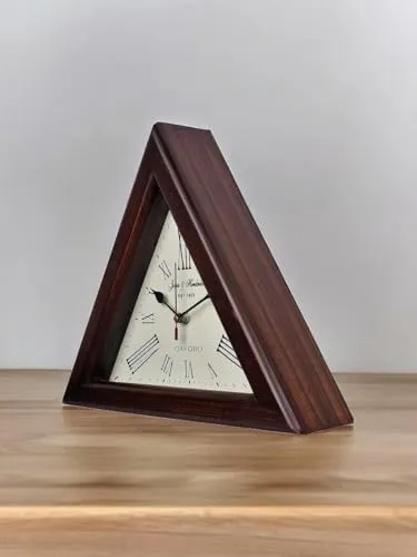 OVERSEAS MART Triangle Wall Clock - 12 Inch Natural Wood Brown Silent Wall and Desk Decor with Roman Numbers - Long-Run Aircraft Glass - Also Used as Table Clock Pack of 1