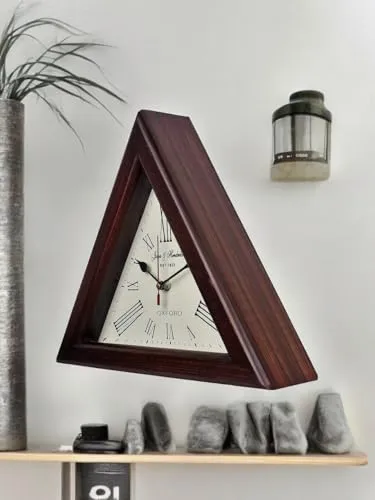 OVERSEAS MART Triangle Wall Clock - 12 Inch Natural Wood Brown Silent Wall and Desk Decor with Roman Numbers - Long-Run Aircraft Glass - Also Used as Table Clock Pack of 1