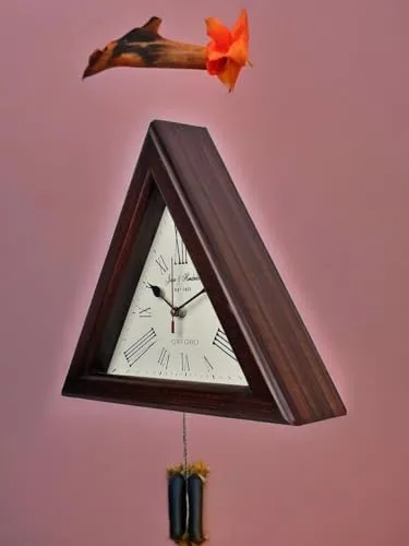 OVERSEAS MART Triangle Wall Clock - 12 Inch Natural Wood Brown Silent Wall and Desk Decor with Roman Numbers - Long-Run Aircraft Glass - Also Used as Table Clock Pack of 1