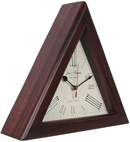 OVERSEAS MART Triangle Wall Clock - 12 Inch Natural Wood Brown Silent Wall and Desk Decor with Roman Numbers - Long-Run Aircraft Glass - Also Used as Table Clock Pack of 1