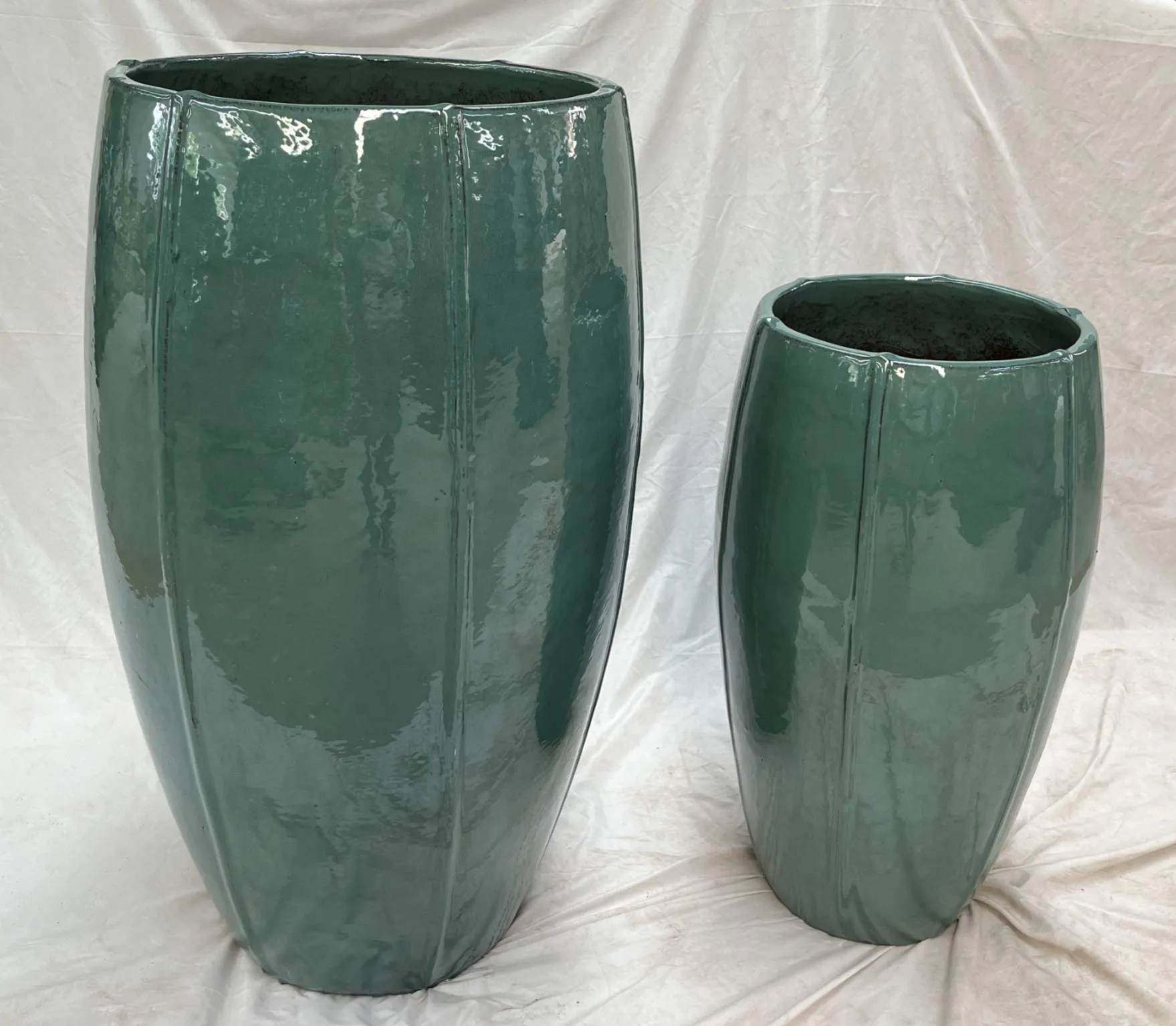 Pair of Large Glazed Ceramic Planters | Sleek Round Cylinder Design | Blue Iron Rust Finish