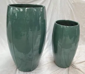 Pair of Large Glazed Ceramic Planters | Sleek Round Cylinder Design | Blue Iron Rust Finish