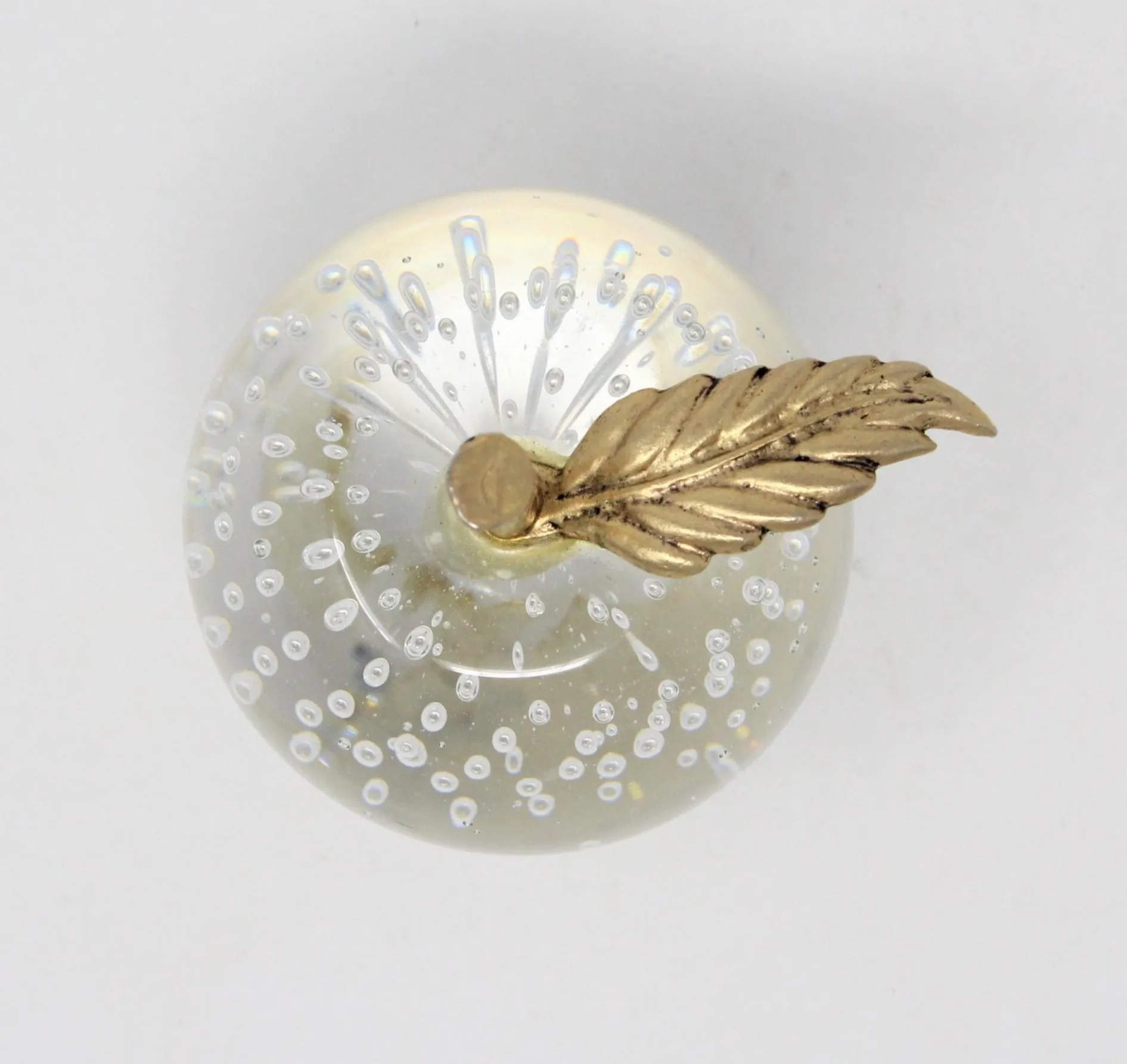Paperweight, Silvestri Bubble Glass Apple, Brass Leaf, Taiwan, Vintage