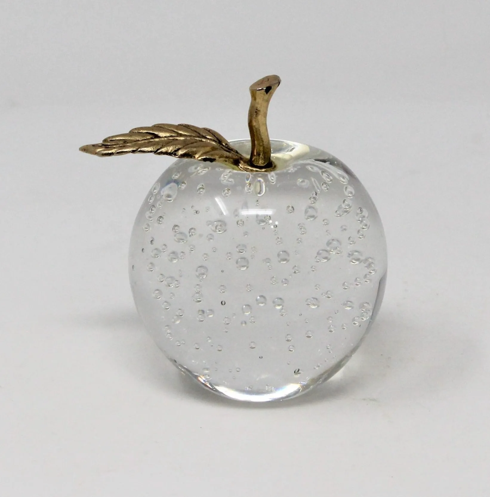 Paperweight, Silvestri Bubble Glass Apple, Brass Leaf, Taiwan, Vintage
