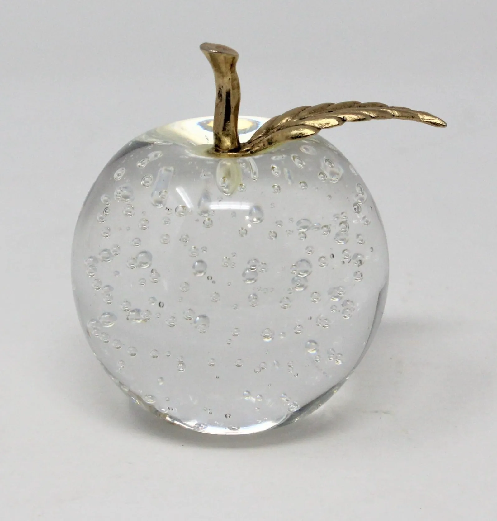 Paperweight, Silvestri Bubble Glass Apple, Brass Leaf, Taiwan, Vintage