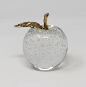 Paperweight, Silvestri Bubble Glass Apple, Brass Leaf, Taiwan, Vintage