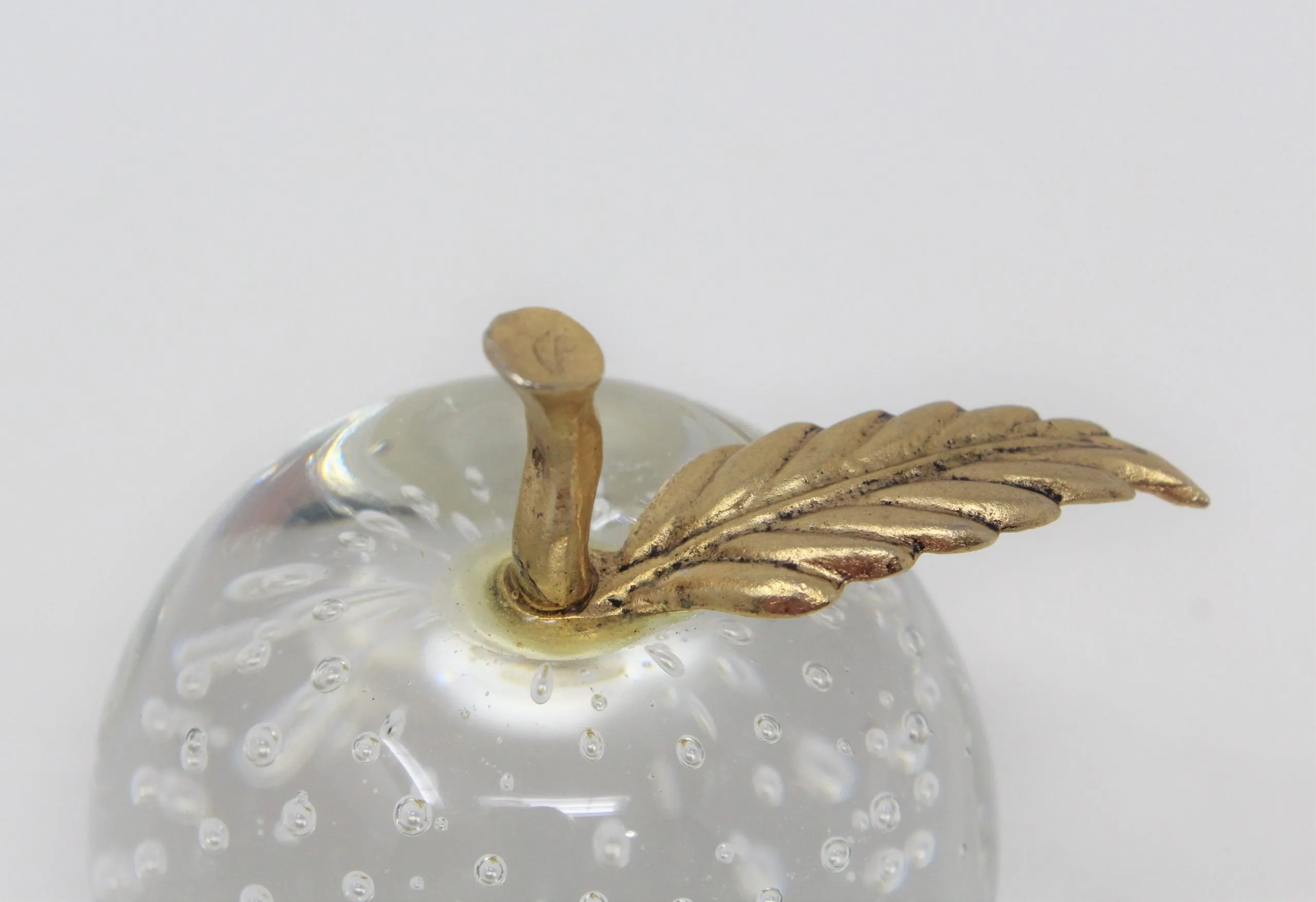 Paperweight, Silvestri Bubble Glass Apple, Brass Leaf, Taiwan, Vintage