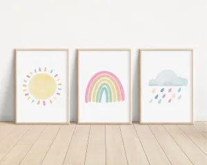 Pastel Rainbow Sun Cloud Set of 3 Nursery Art Prints, Weather colorful Nursery Wall Art, Nursery Decor, Play Room, Baby Room Ideas, 039