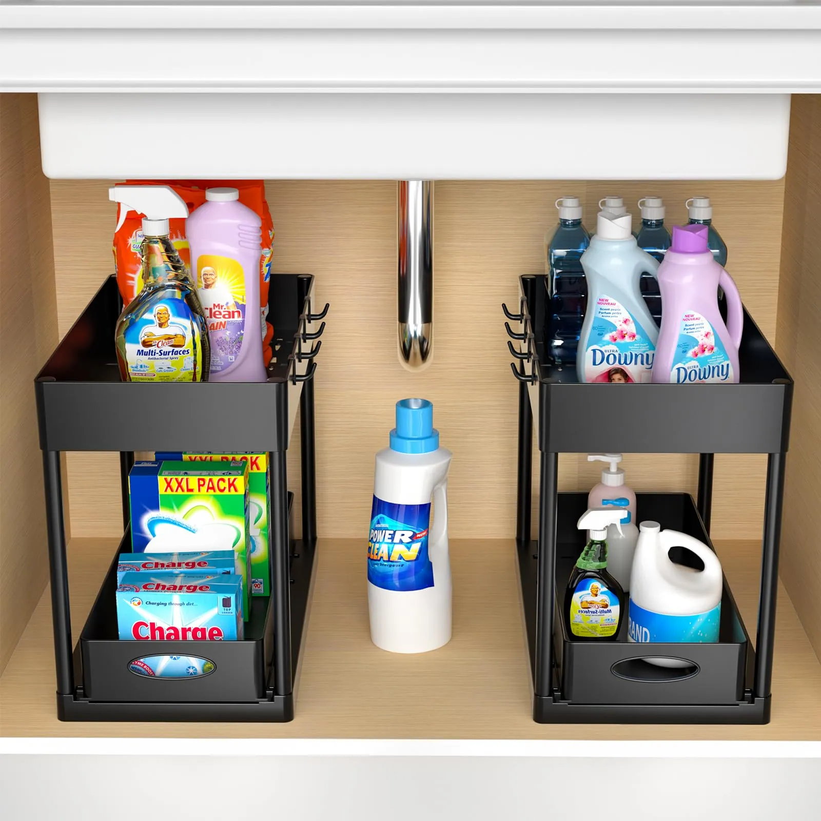 PUILUO Under Sliding Cabinet Basket Organizer, 2 Tier Under Sink Organizers Black Under Sink Storage for Bathroom Kitchen