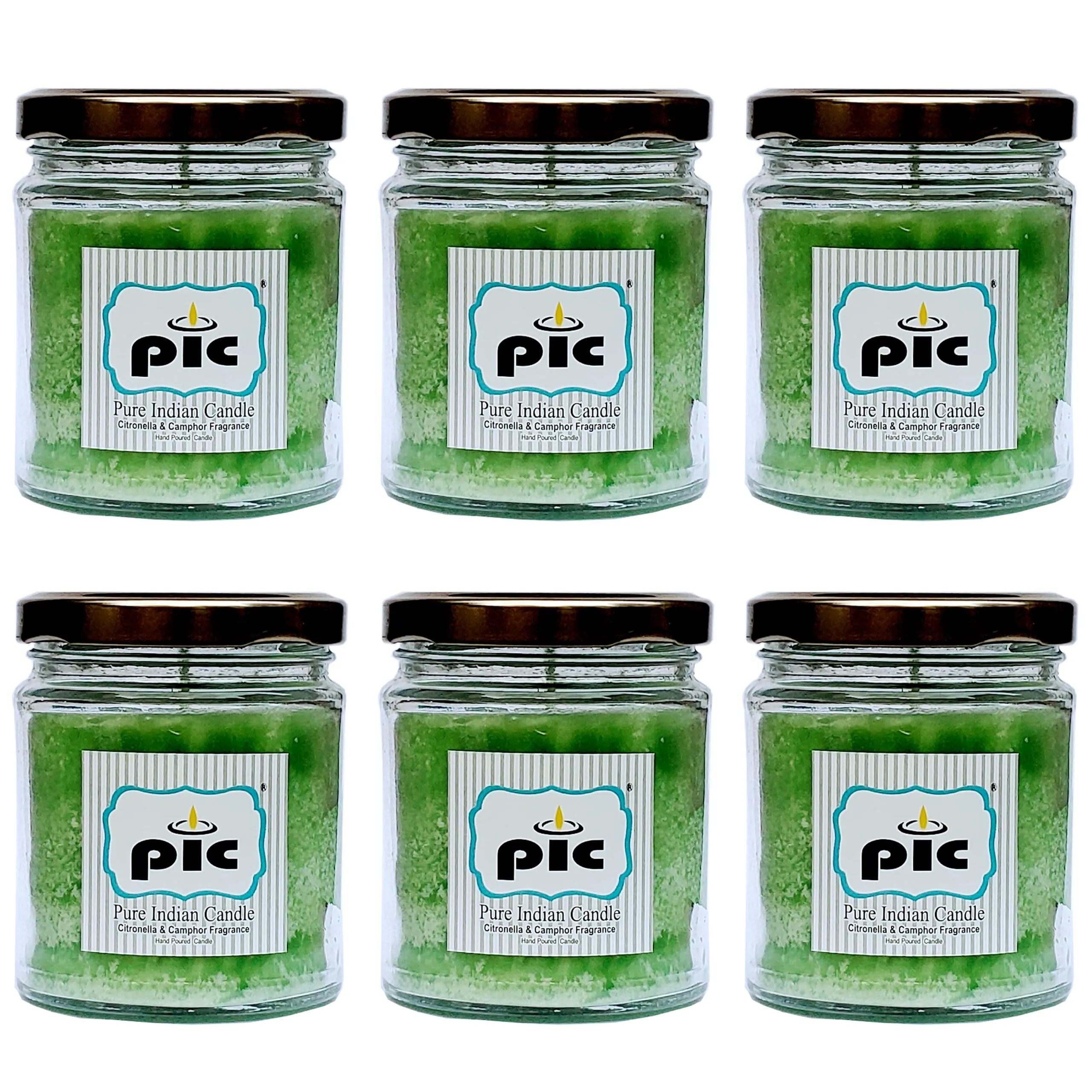 Pure Indian Candle Handpourd Lt. Green Citronella and Camphor Scented Jar Wax Candle (Pack of 6 Pcs.) PICSJC149246
