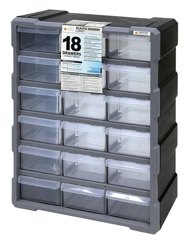 Quantum Storage Systems PDC-18BK Small Parts Organizer, 15 in L, 6-1/4 in W, 18-3/4 in H, 18-Drawer, Polypropylene :EA: QUANTITY: 1