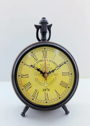 ROCKHOPPER Handmade Vintage Wooden Table Clock, Silent Non-Ticking Battery Operated Desk Shelf Metal Clock for Living Room Decor - Brown