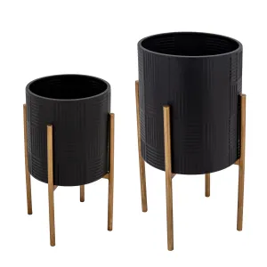 S/2 Planter W/ Lines On Metal Stand, Black/Gold