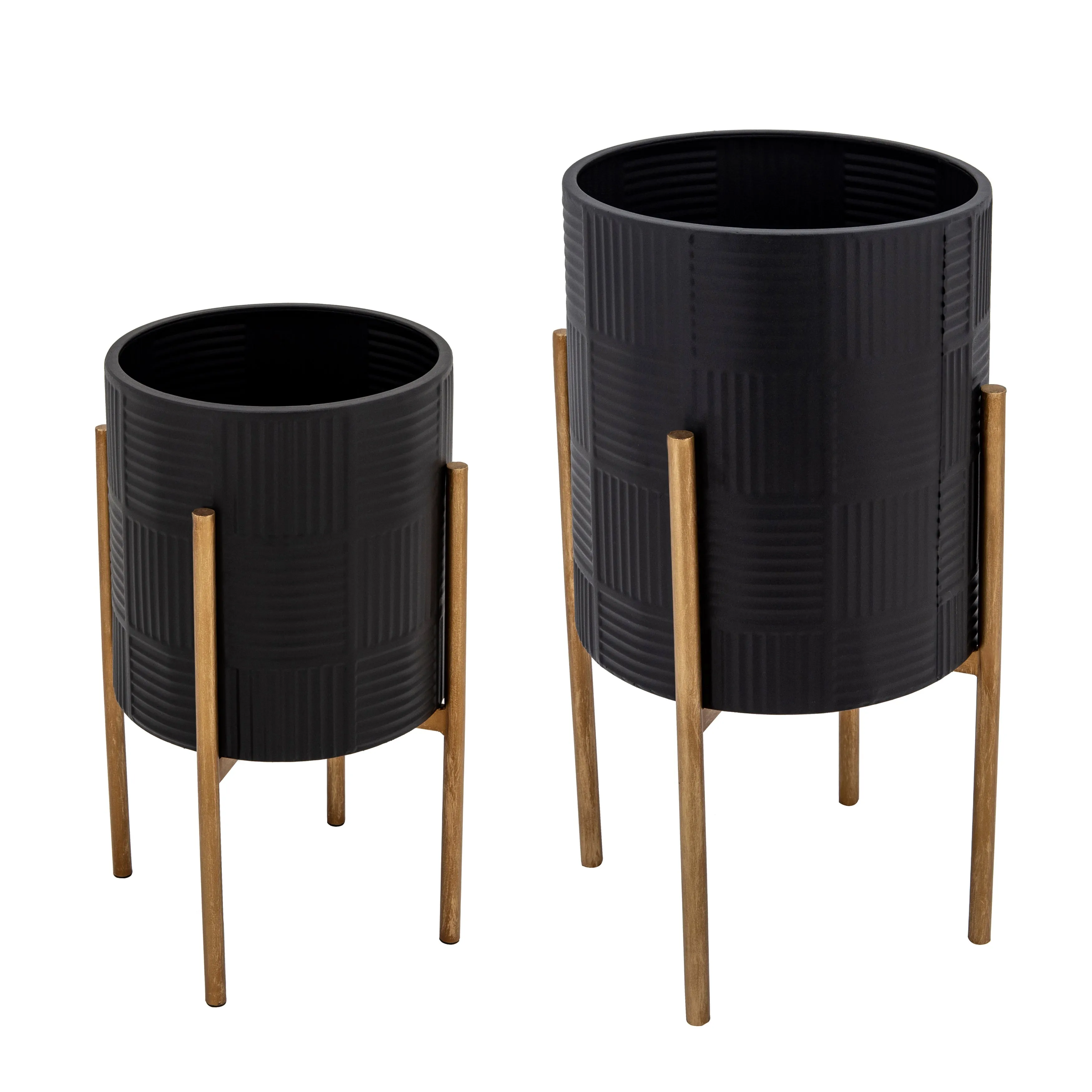 S/2 Planter W/ Lines On Metal Stand, Black/Gold