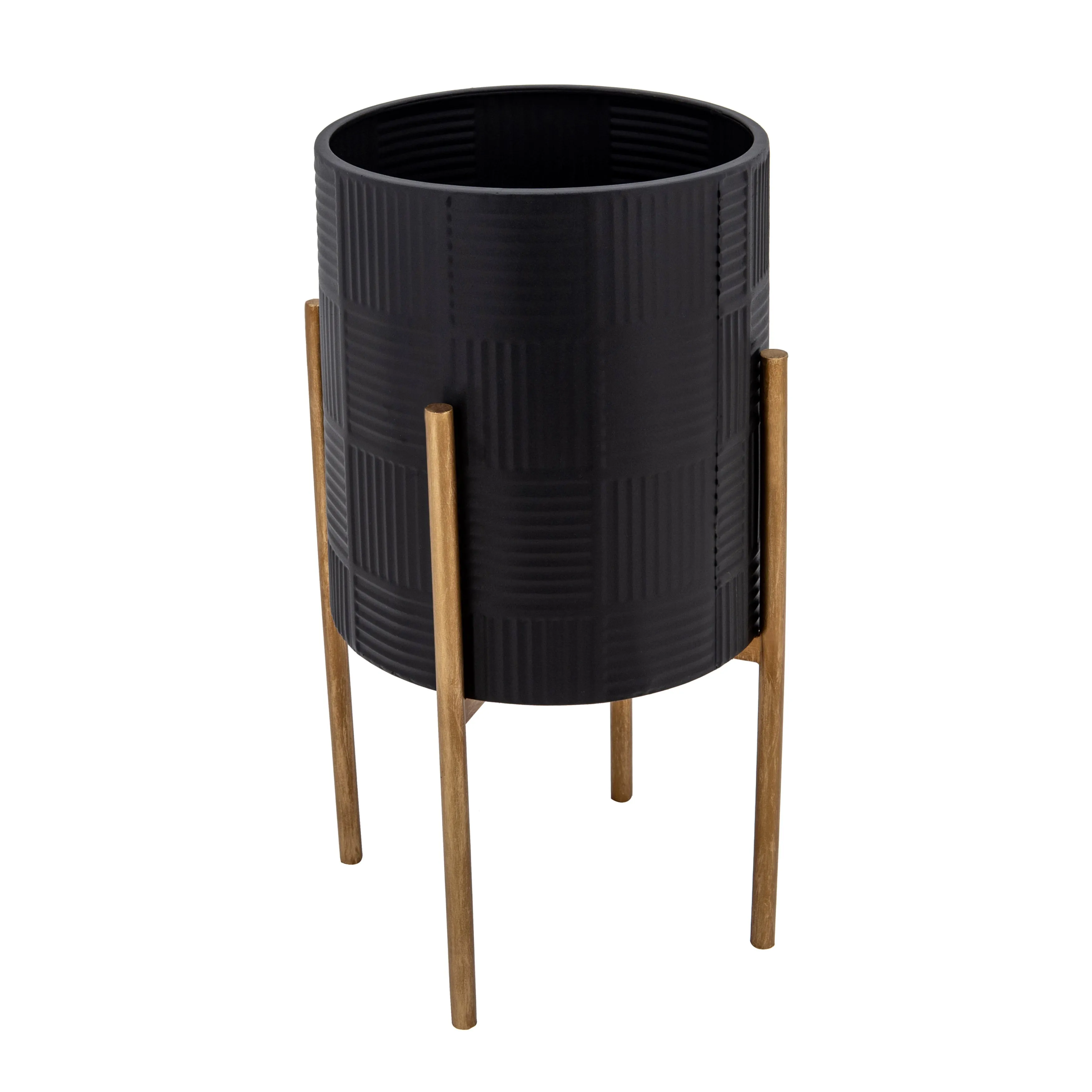 S/2 Planter W/ Lines On Metal Stand, Black/Gold