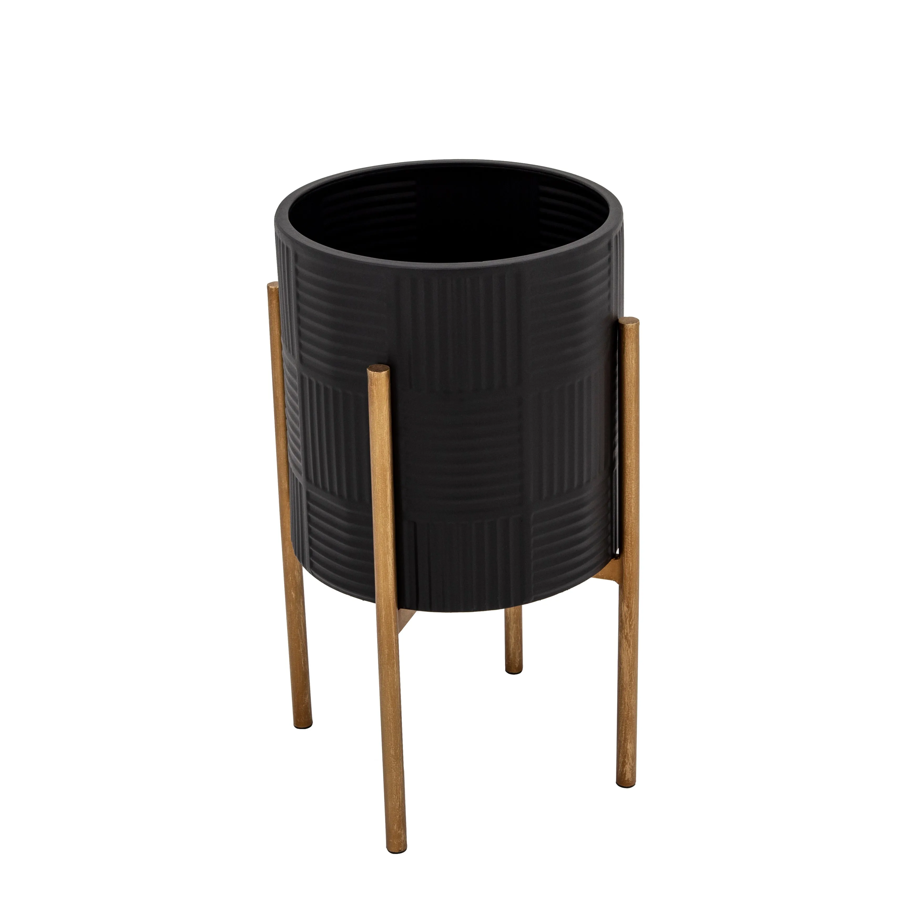 S/2 Planter W/ Lines On Metal Stand, Black/Gold