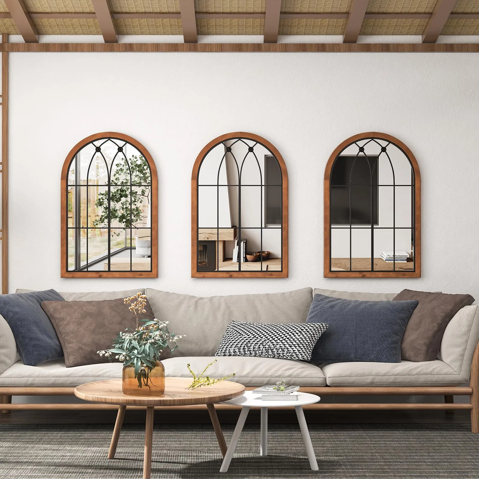 Tangkula Arched Window Mirror, Window Frame Decor Wall Mounted Mirror with Back Board, 24" x 36" Wall Mirror