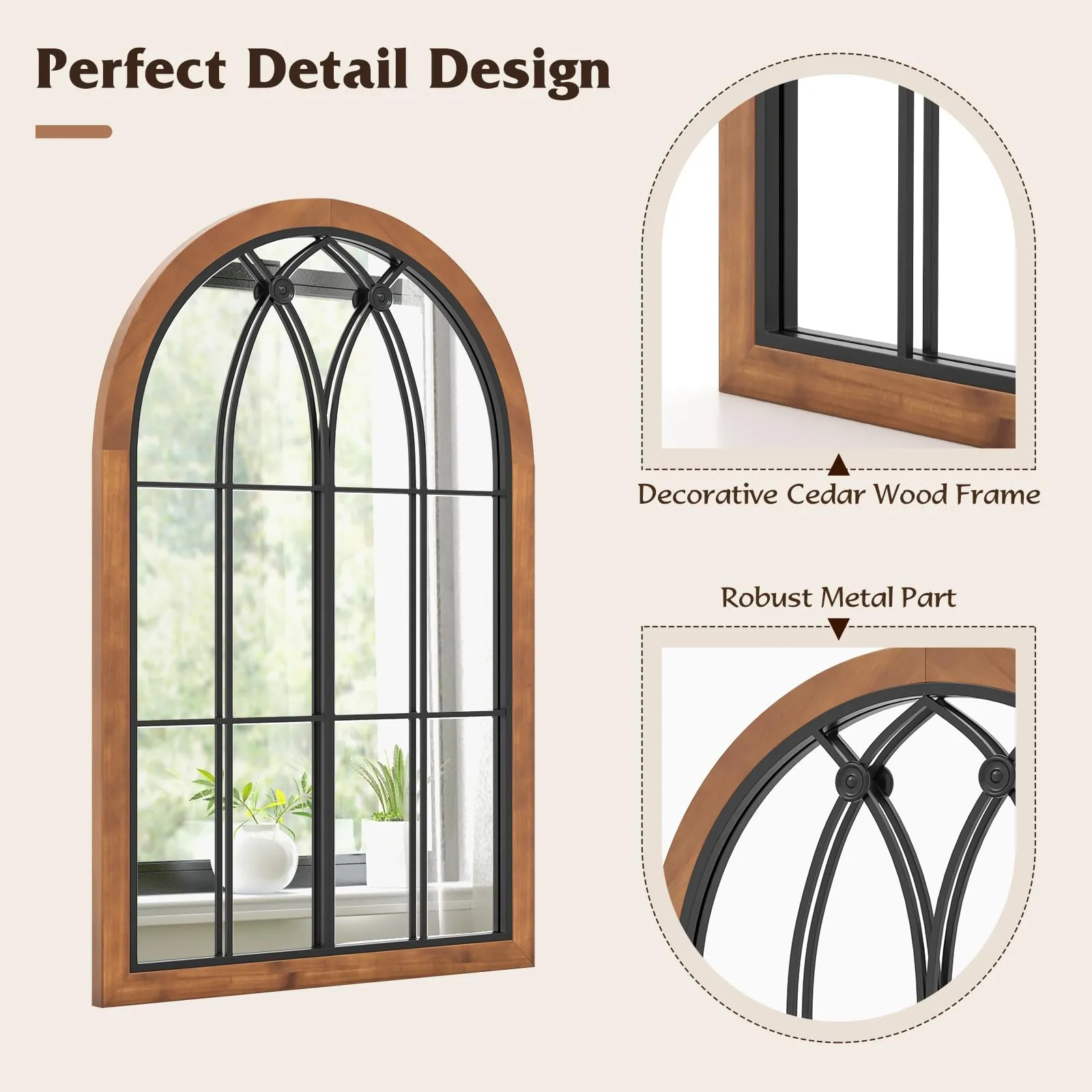 Tangkula Arched Window Mirror, Window Frame Decor Wall Mounted Mirror with Back Board, 24" x 36" Wall Mirror