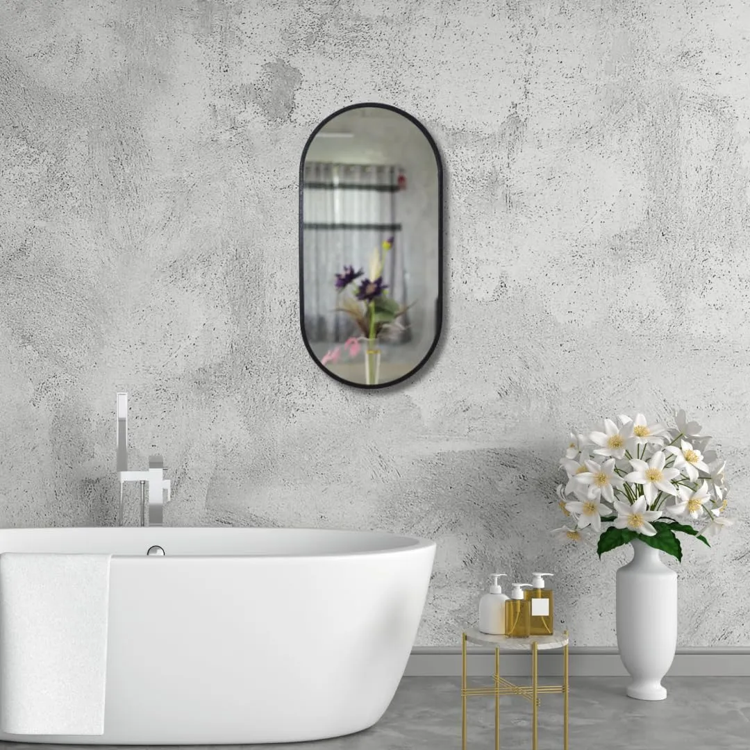 TINITALO Modern Elegance Capsule Shape Wall-Mounted Mirror Metal Framed Wall Mirror Bathroom Mirror Living Room Mirror Home Decor Mirror 18 x 36 Inches Black MF 112