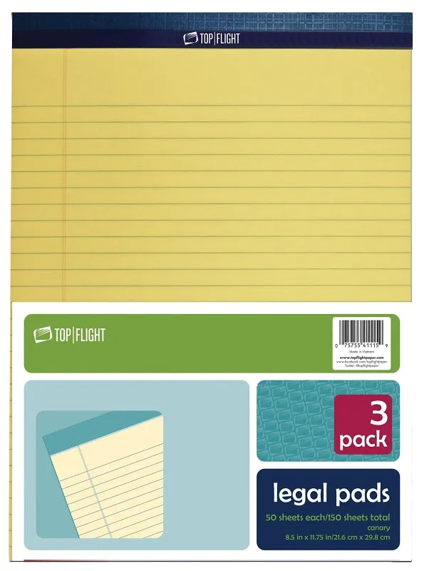 Top Flight N 11 Series 4513094 Legal Pad, 11-3/4 in L x 8-1/2 in W Sheet, 50-Sheet, Canary Yellow Sheet :PK  3: QUANTITY: 12