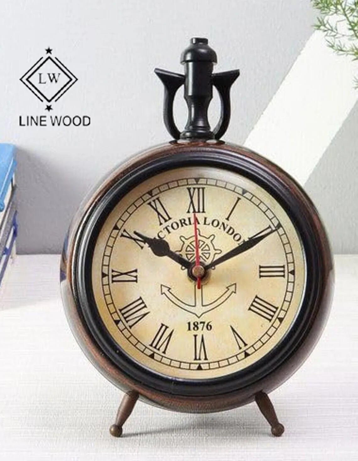 Unique Antique Collection - Handmade Antique Wooden 7" Table Top Clock Desk Clock Victoria London Hanging Clock Home & Office, Bed Room, Wedding Gift (Brown)