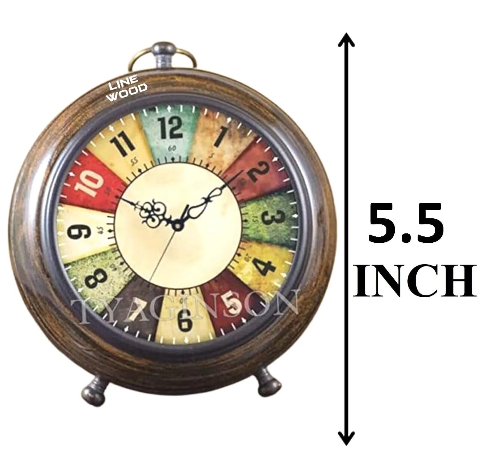 Unique Antique Collection - Handmade Wooden 5" Table Top Clock Desk Clock Antique Style Hanging Clock Home & Office, Bed Room Decor Gift (Multicolor Dial)