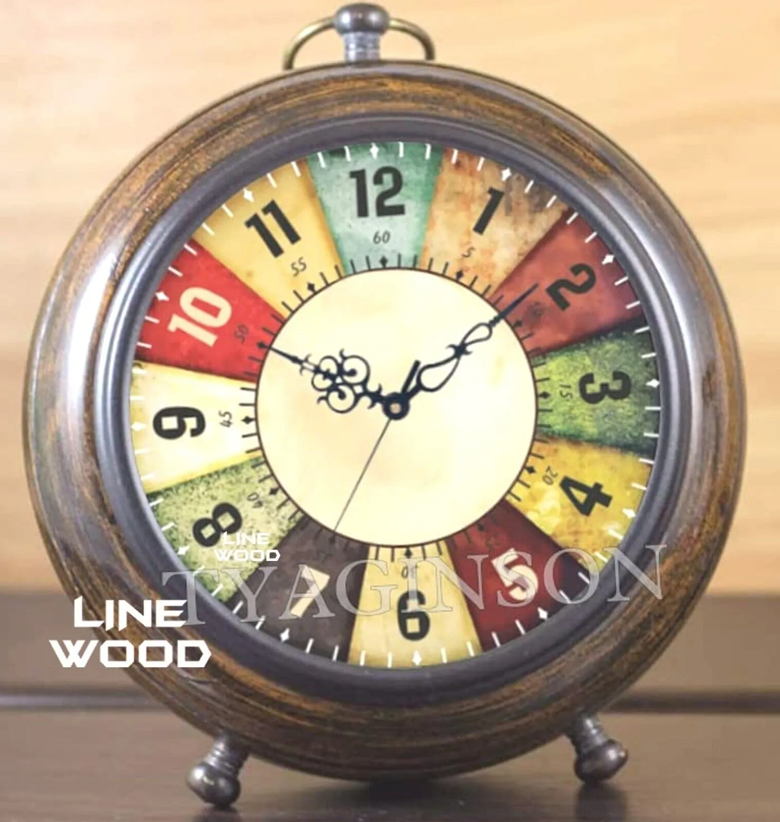 Unique Antique Collection - Handmade Wooden 5" Table Top Clock Desk Clock Antique Style Hanging Clock Home & Office, Bed Room Decor Gift (Multicolor Dial)