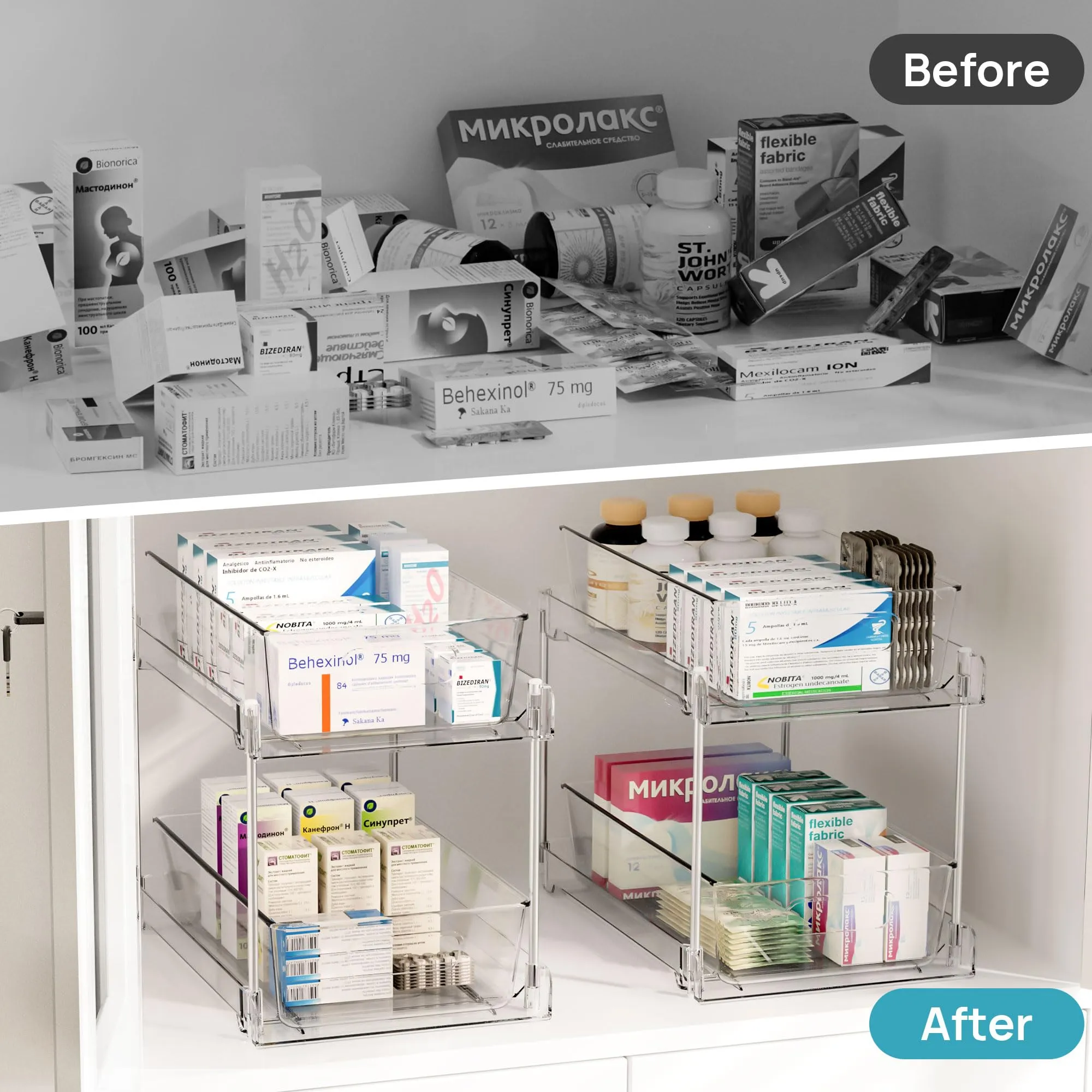 Vtopmart 2 Tier Bathroom Storage Organizer, 2 Pack Clear Under Sink Organizers Vanity Counter Storage Container, Medicine Cabinet Drawers Bins, Pull-Out Organization with Track for Pantry, Kitchen