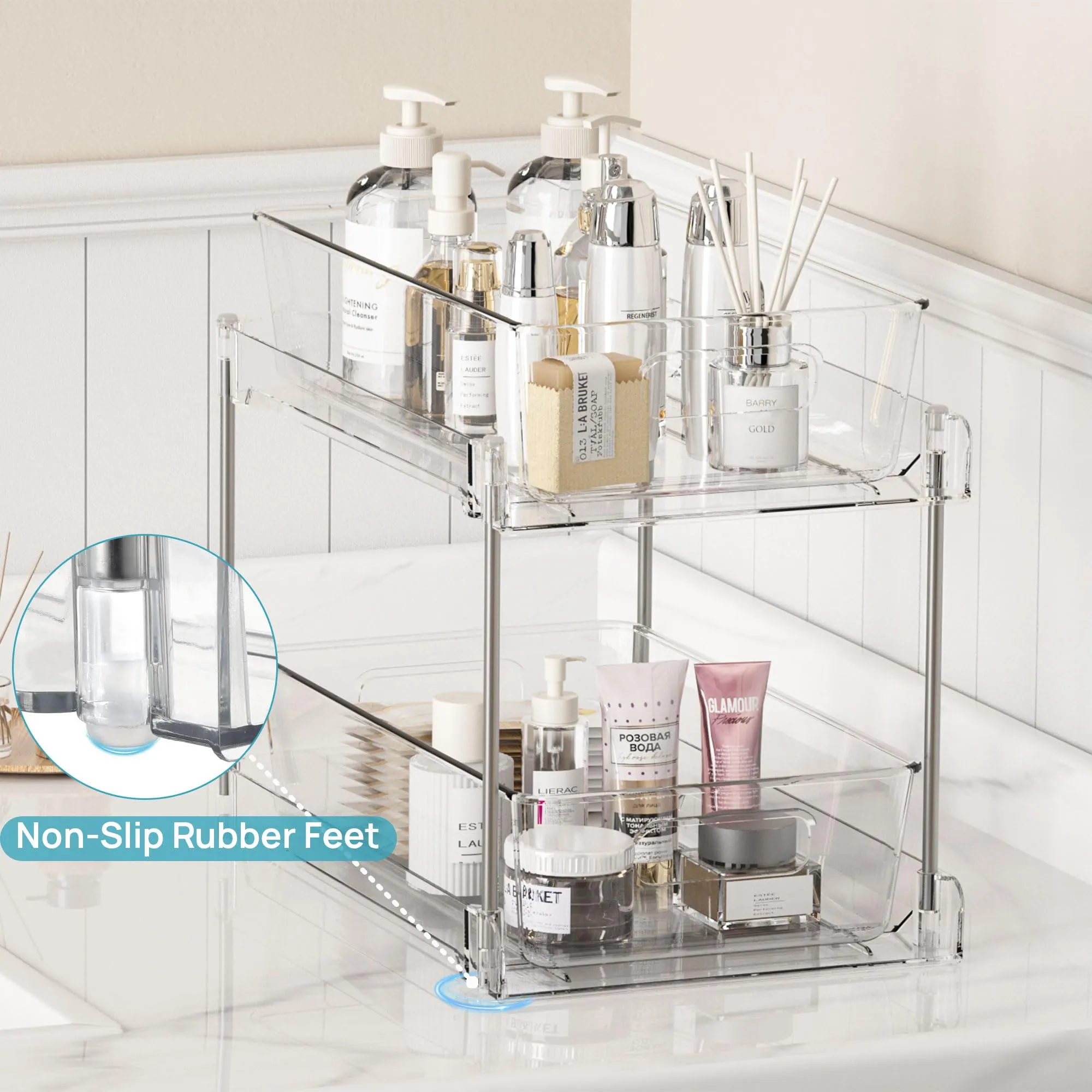 Vtopmart 2 Tier Bathroom Storage Organizer, 2 Pack Clear Under Sink Organizers Vanity Counter Storage Container, Medicine Cabinet Drawers Bins, Pull-Out Organization with Track for Pantry, Kitchen
