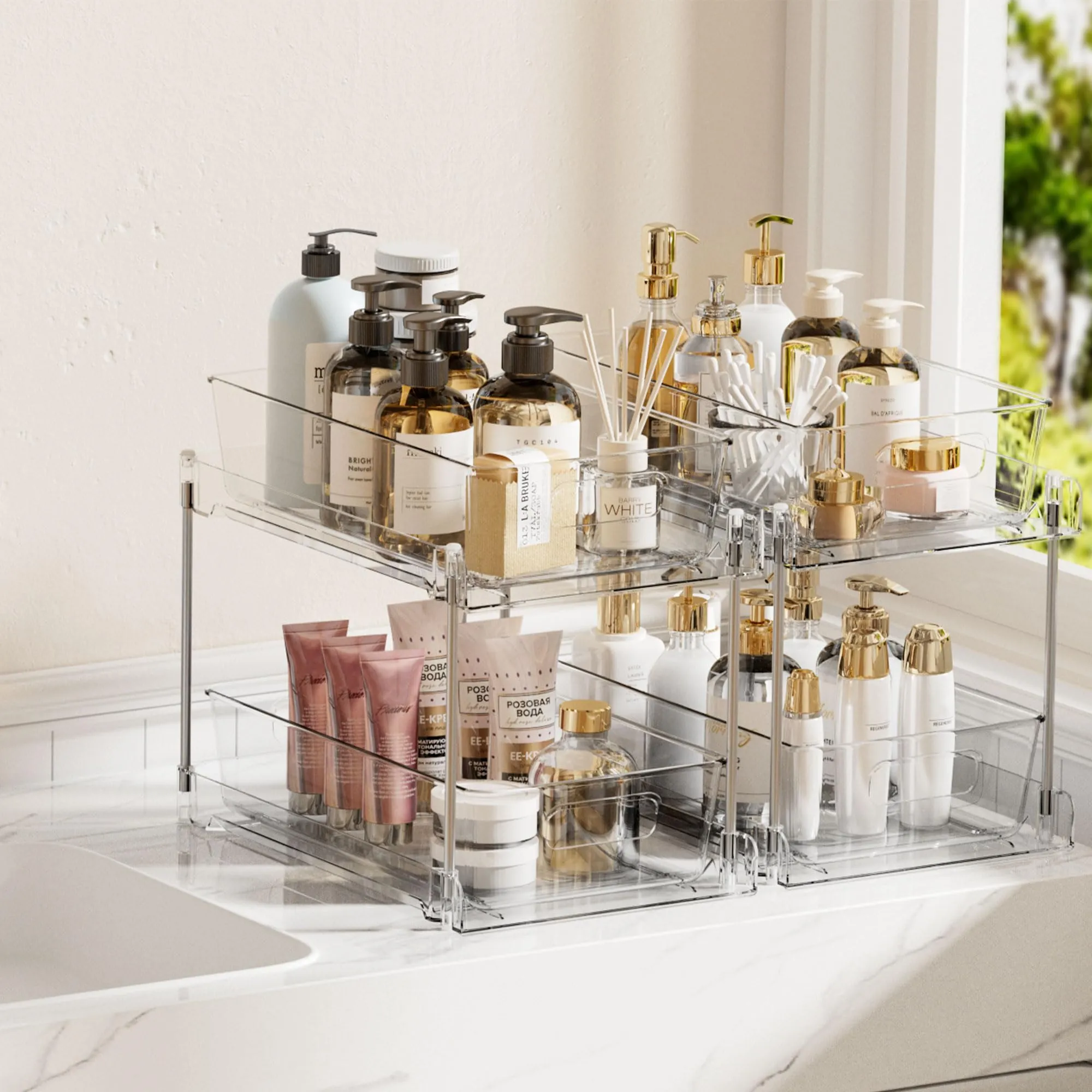 Vtopmart 2 Tier Bathroom Storage Organizer, 2 Pack Clear Under Sink Organizers Vanity Counter Storage Container, Medicine Cabinet Drawers Bins, Pull-Out Organization with Track for Pantry, Kitchen