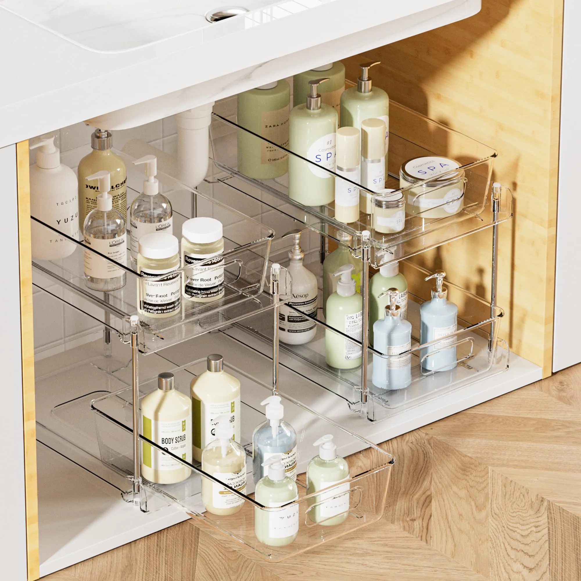 Vtopmart 2 Tier Bathroom Storage Organizer, 2 Pack Clear Under Sink Organizers Vanity Counter Storage Container, Medicine Cabinet Drawers Bins, Pull-Out Organization with Track for Pantry, Kitchen