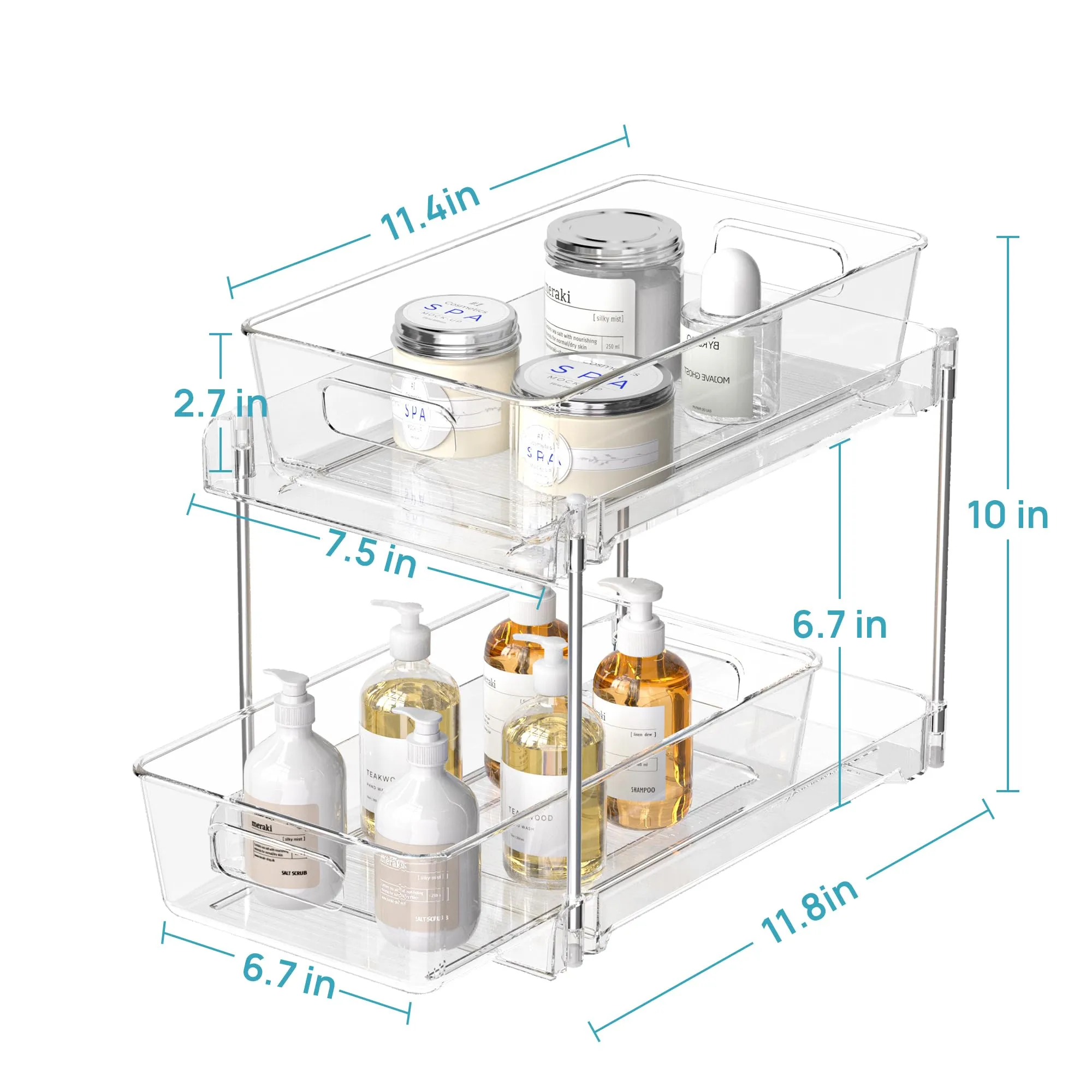 Vtopmart 2 Tier Bathroom Storage Organizer, 2 Pack Clear Under Sink Organizers Vanity Counter Storage Container, Medicine Cabinet Drawers Bins, Pull-Out Organization with Track for Pantry, Kitchen