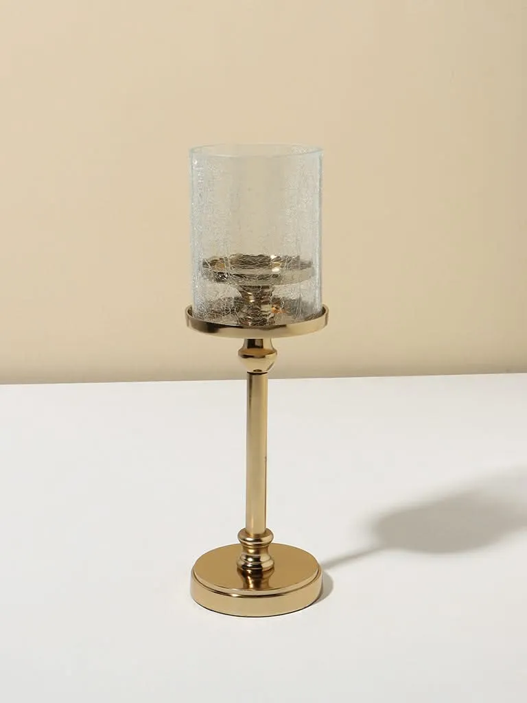 Westside Home Gold Tone Base Metal with Lily Crackled Glass Candle Holder Large