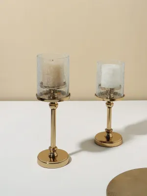 Westside Home Gold Tone Base Metal with Lily Crackled Glass Candle Holder Large